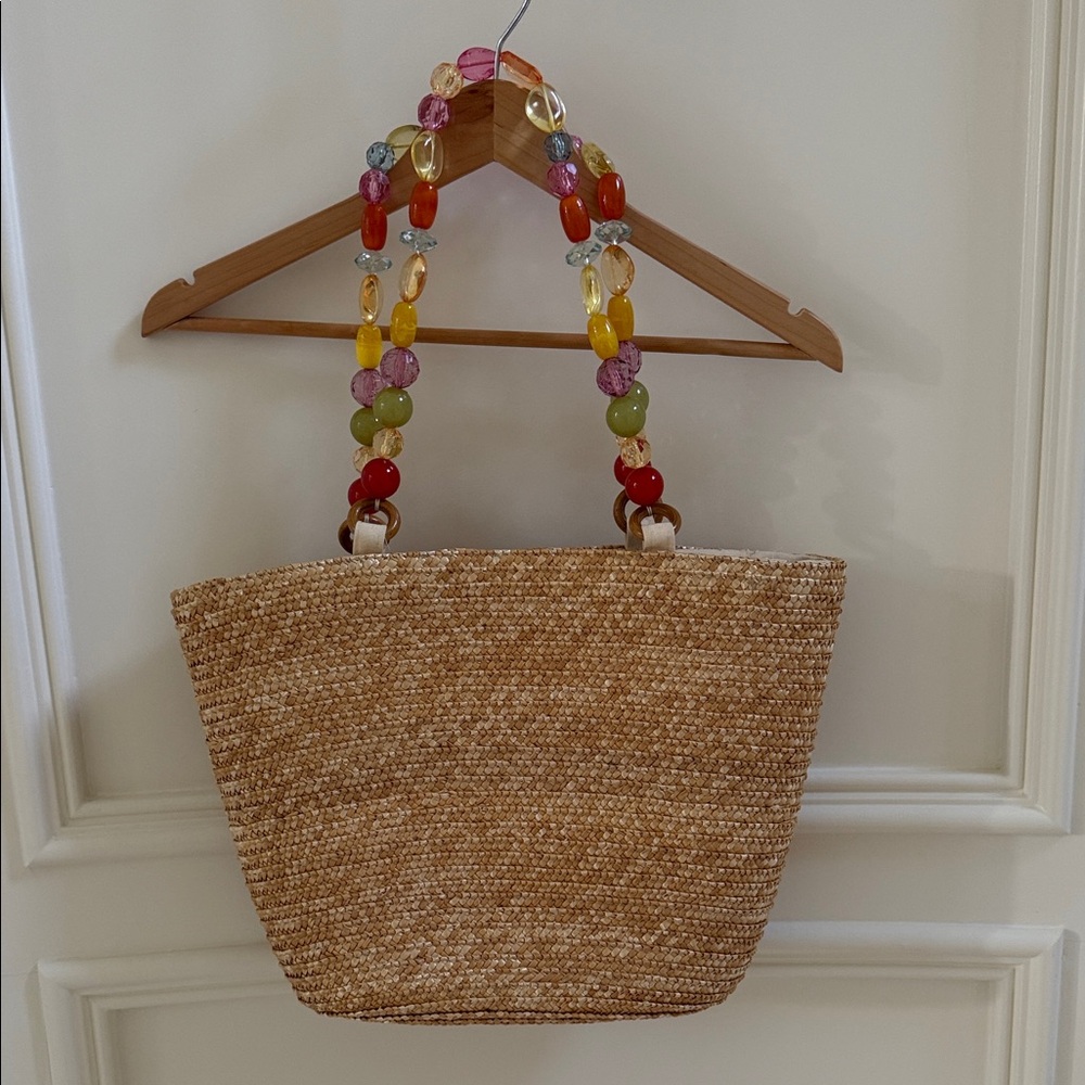 Stylish Tan Woven Tote Bag with Colorful Beaded Straps